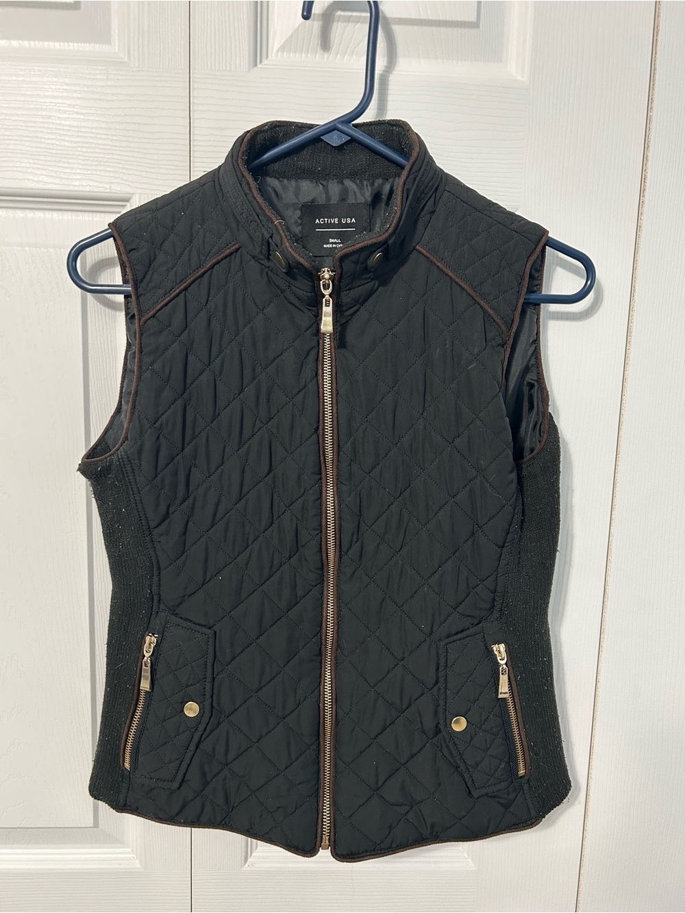 Active USA Black Quilted Vest with Gold Hardware